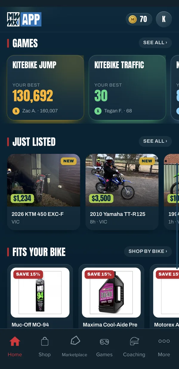 MWMX app: games, just listed bikes and parts that fit your bike
