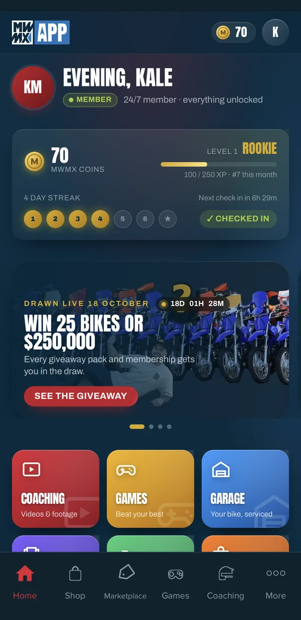 MWMX app home with XP, streak and the current giveaway